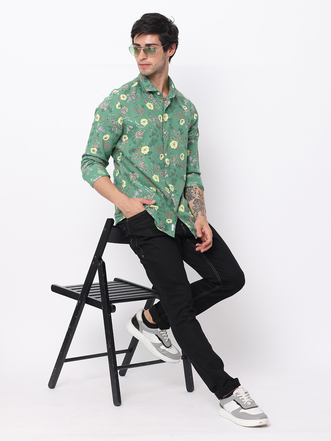 

FLY 69 Premium Slim Fit Floral Printed Cotton Linen Casual Shirt, Green