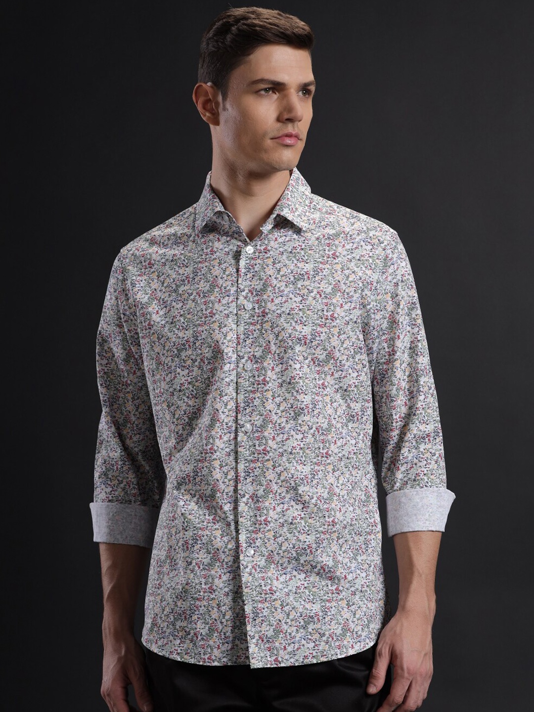 

Aldeno Comfort Abstract Printed Spread Collar Long Sleeves Cotton Casual Shirt, White