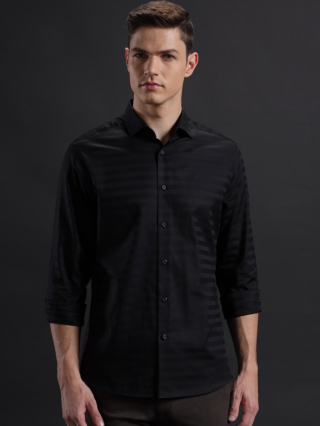 

Aldeno Comfort Horizontal Stripes Spread Collar Long Sleeves Cotton Casual Shirt, Black