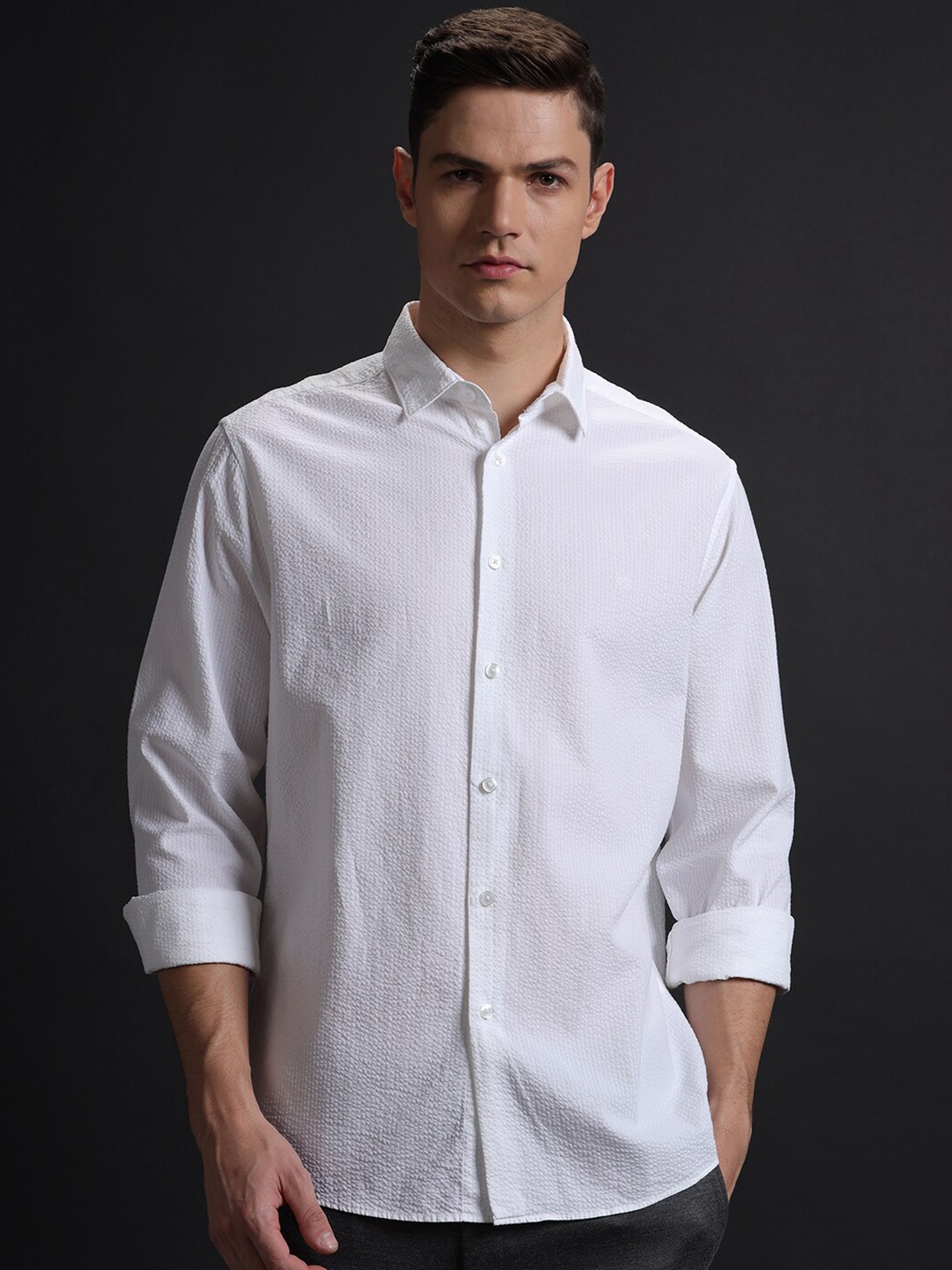 

Aldeno Comfort Self Design Spread Collar Pure Cotton Casual Shirt, White