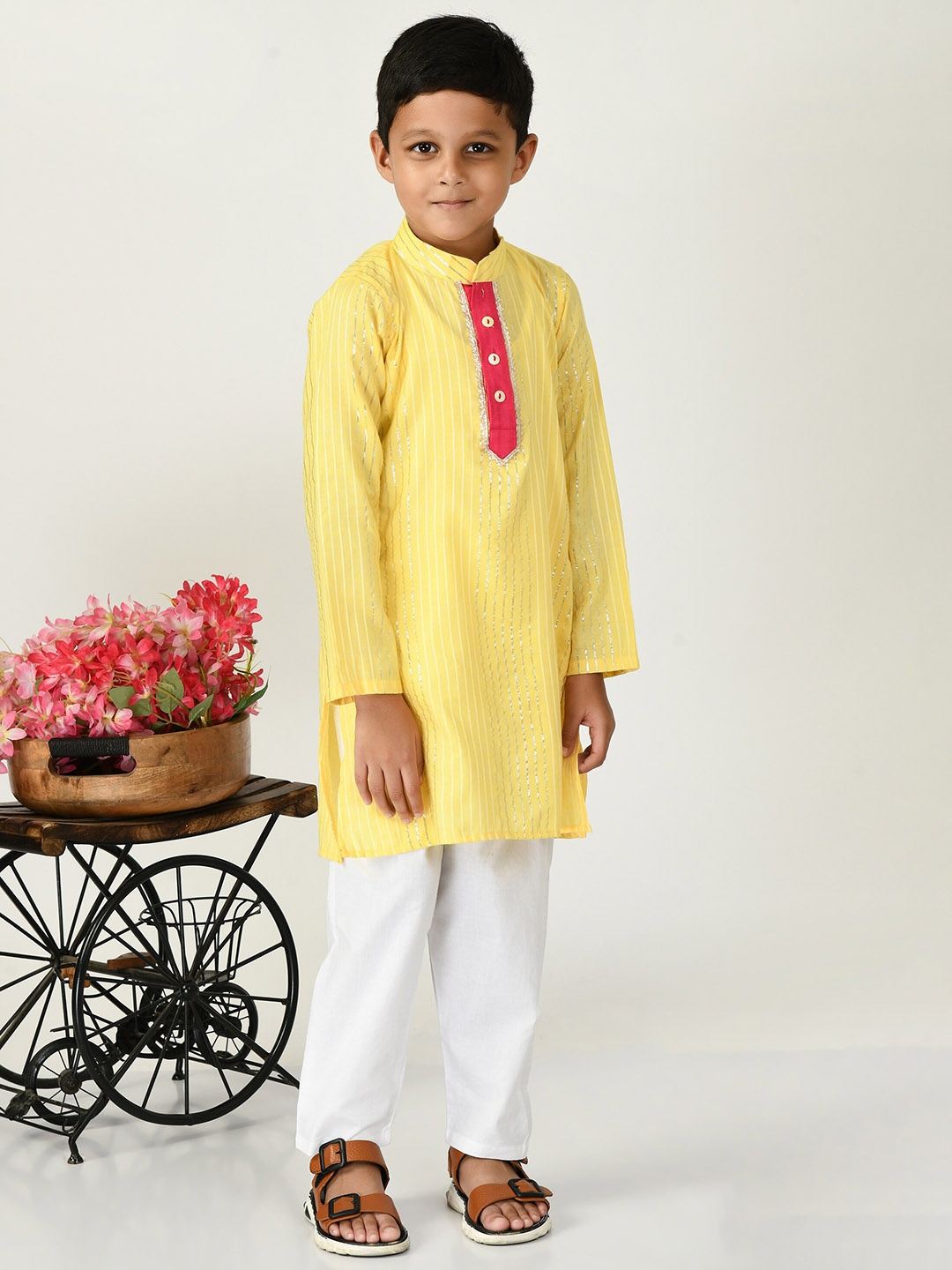 

BAESD Boys Striped Mandarin Collar Long Sleeves Gotta Patti Kurta with Trousers, Yellow