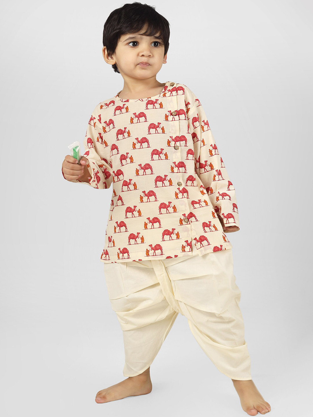 

Polka Tots Boys Round Neck Long Sleeves Animal Printed Straight Kurta with Dhoti Pants, Cream