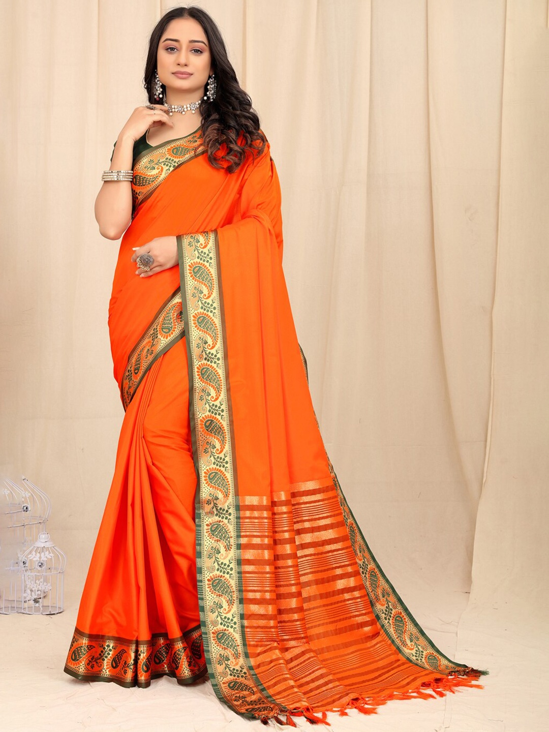 

SILKWEAR Zari Silk Cotton Narayan Peth Saree, Orange