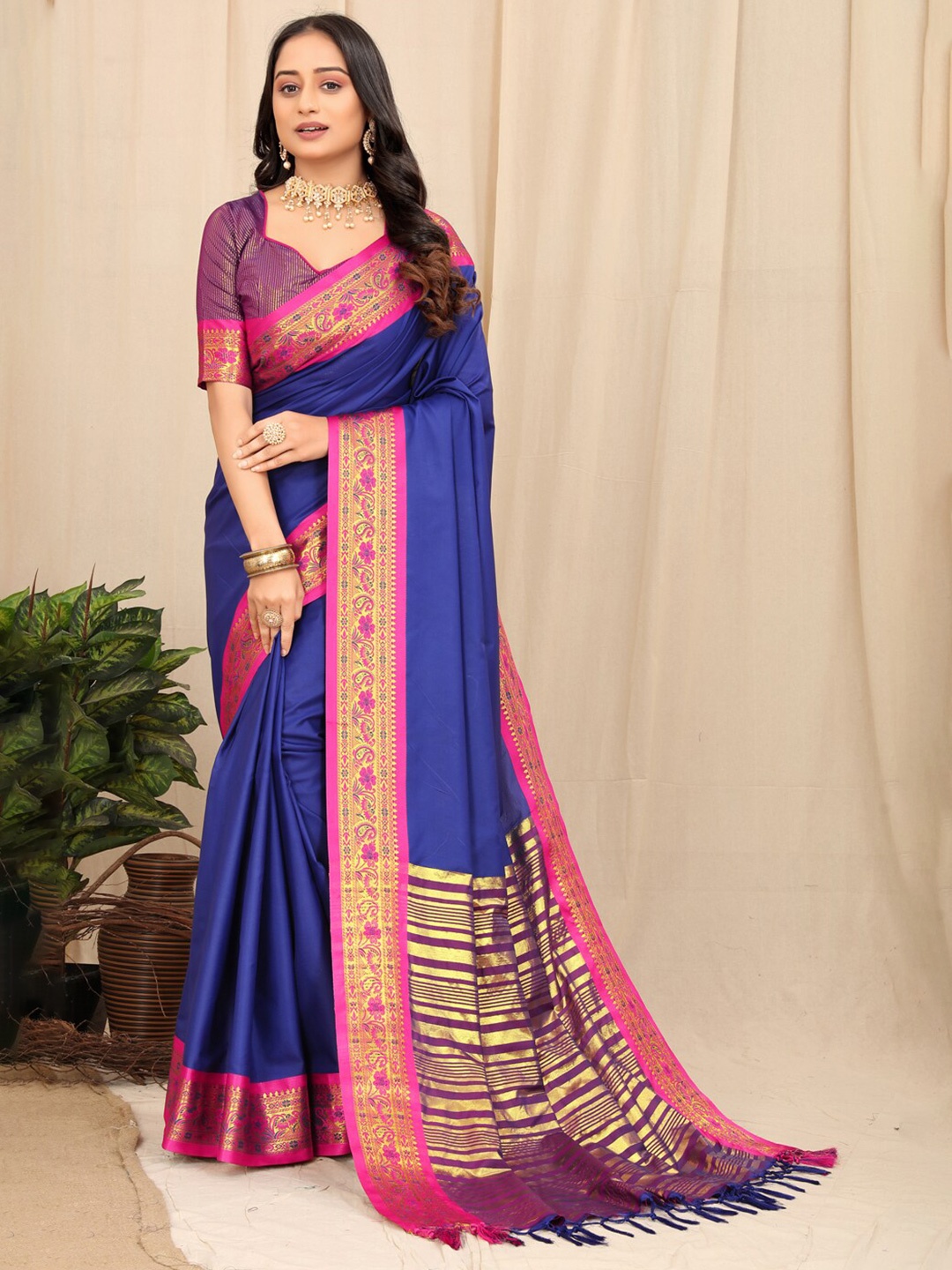 

SILKWEAR Zari Silk Cotton Narayan Peth Saree, Blue