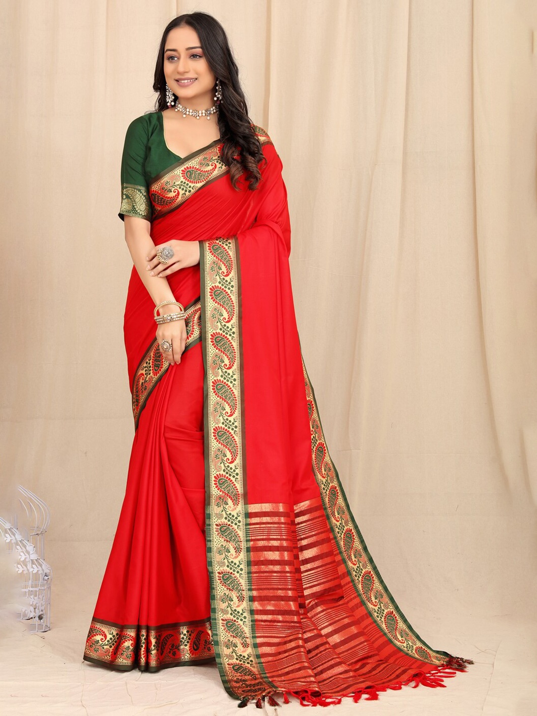 

SILKWEAR Zari Silk Cotton Narayan Peth Saree, Red