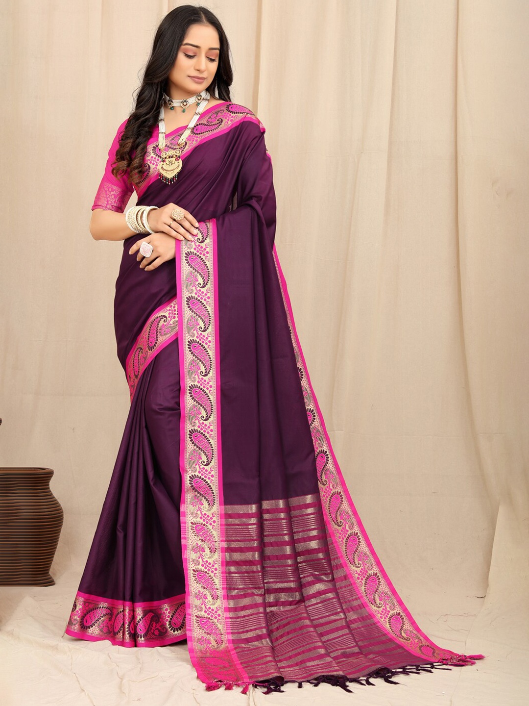 

SILKWEAR Zari Silk Cotton Narayan Peth Saree, Purple