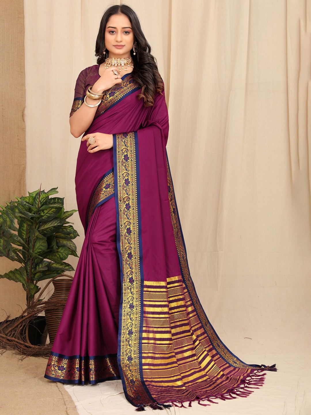 

SILKWEAR Zari Silk Cotton Narayan Peth Saree, Purple