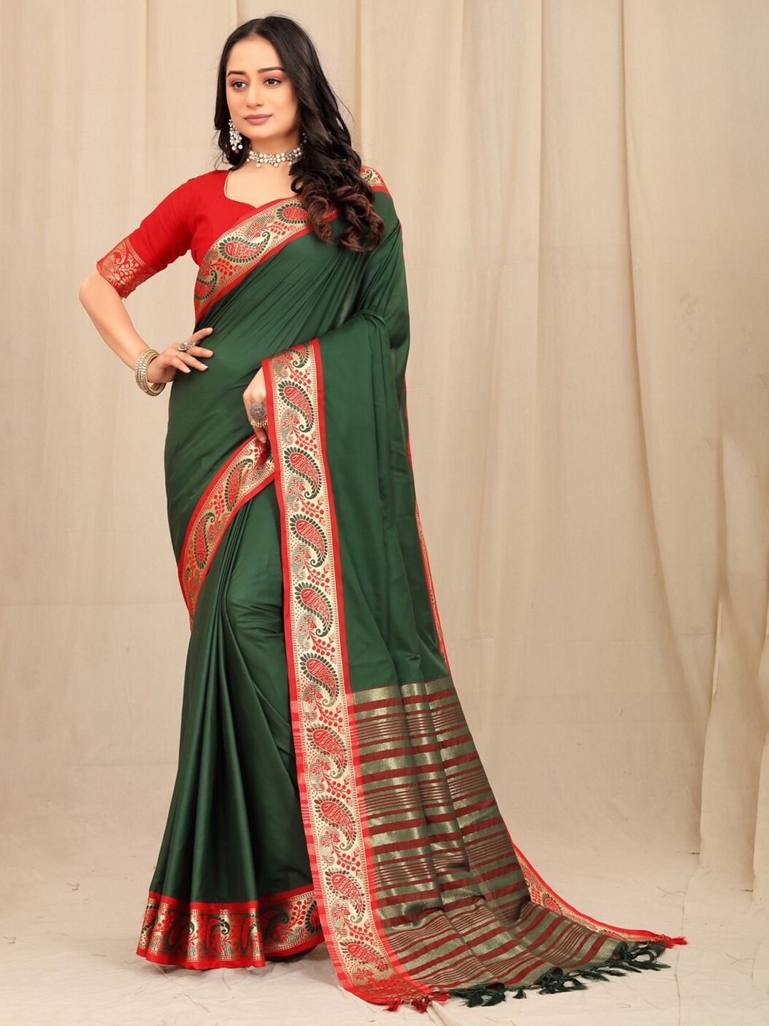 

SILKWEAR Zari Silk Cotton Narayan Peth Saree, Green