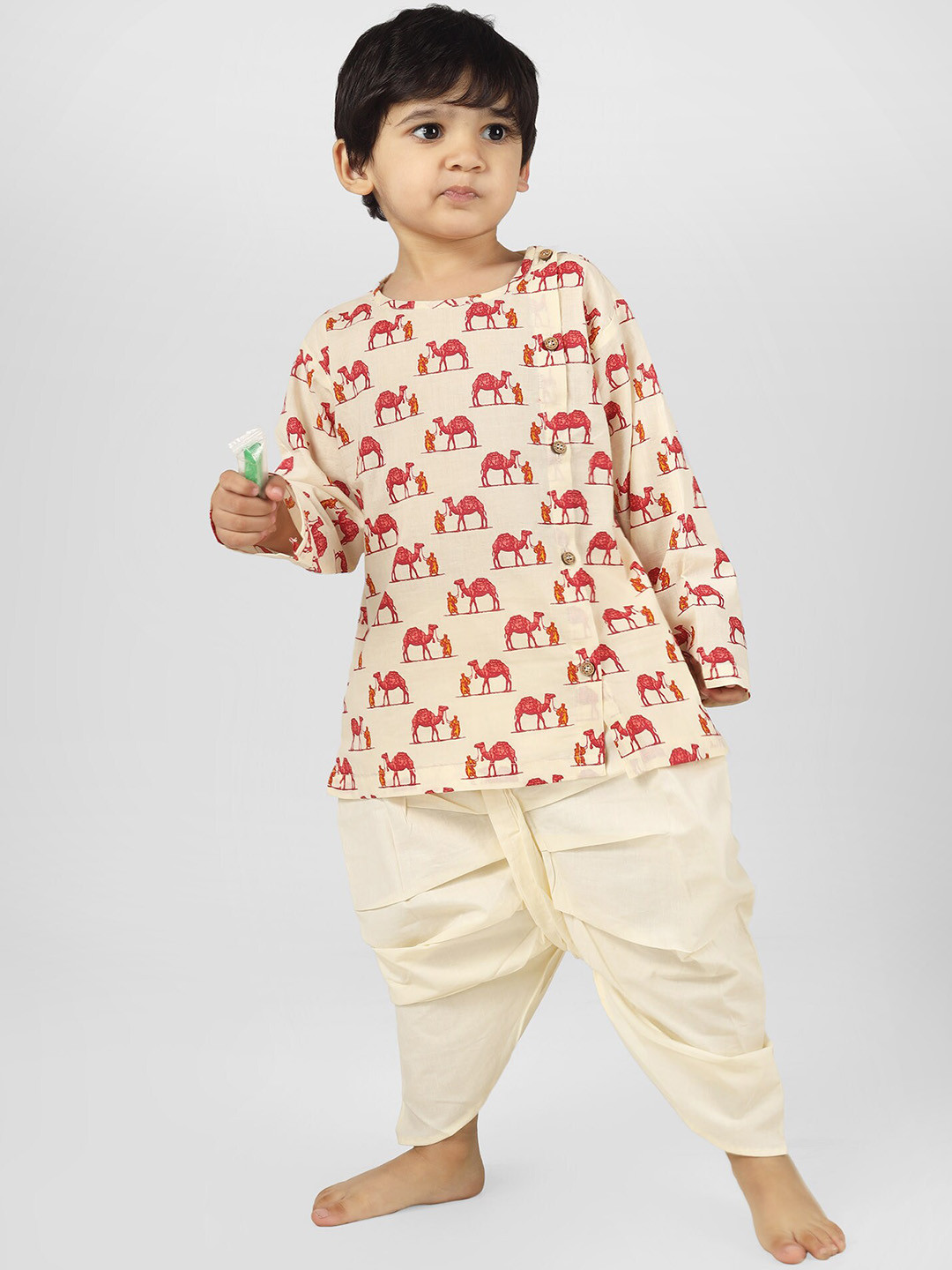 

Polka Tots Kids Round Neck Long Sleeves Animal Printed Angrakha Kurta with Dhoti Pants, Cream