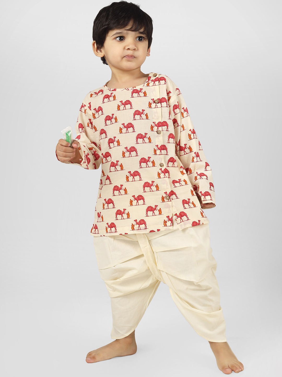 

Polka Tots Boys Round Neck Long Sleeves Animal Printed Straight Kurta with Dhoti Pants, Cream