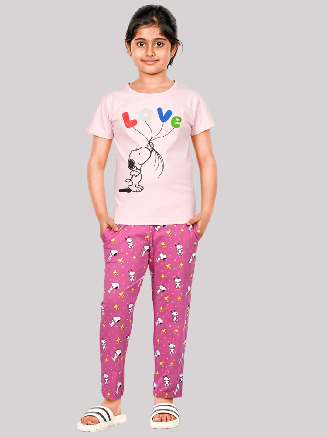 

DENIKID Girls Snoopy Printed Pure Cotton T-shirt with Pyjamas, Pink
