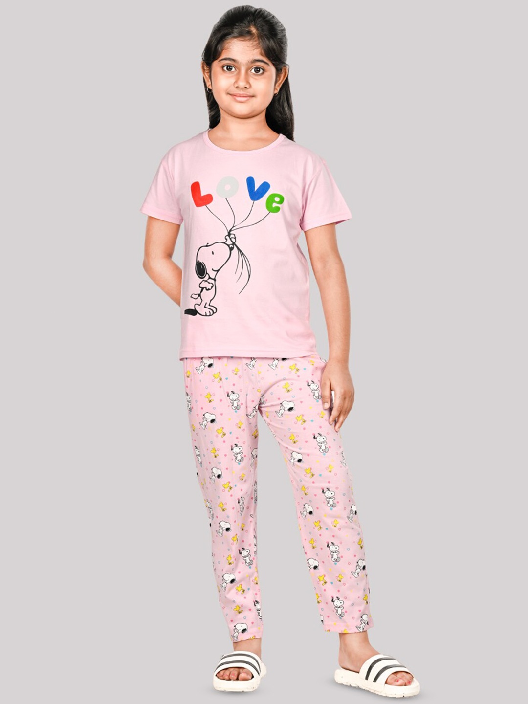 

DENIKID Girls Snoopy Printed Pure Cotton T-shirt with Pyjamas, Pink