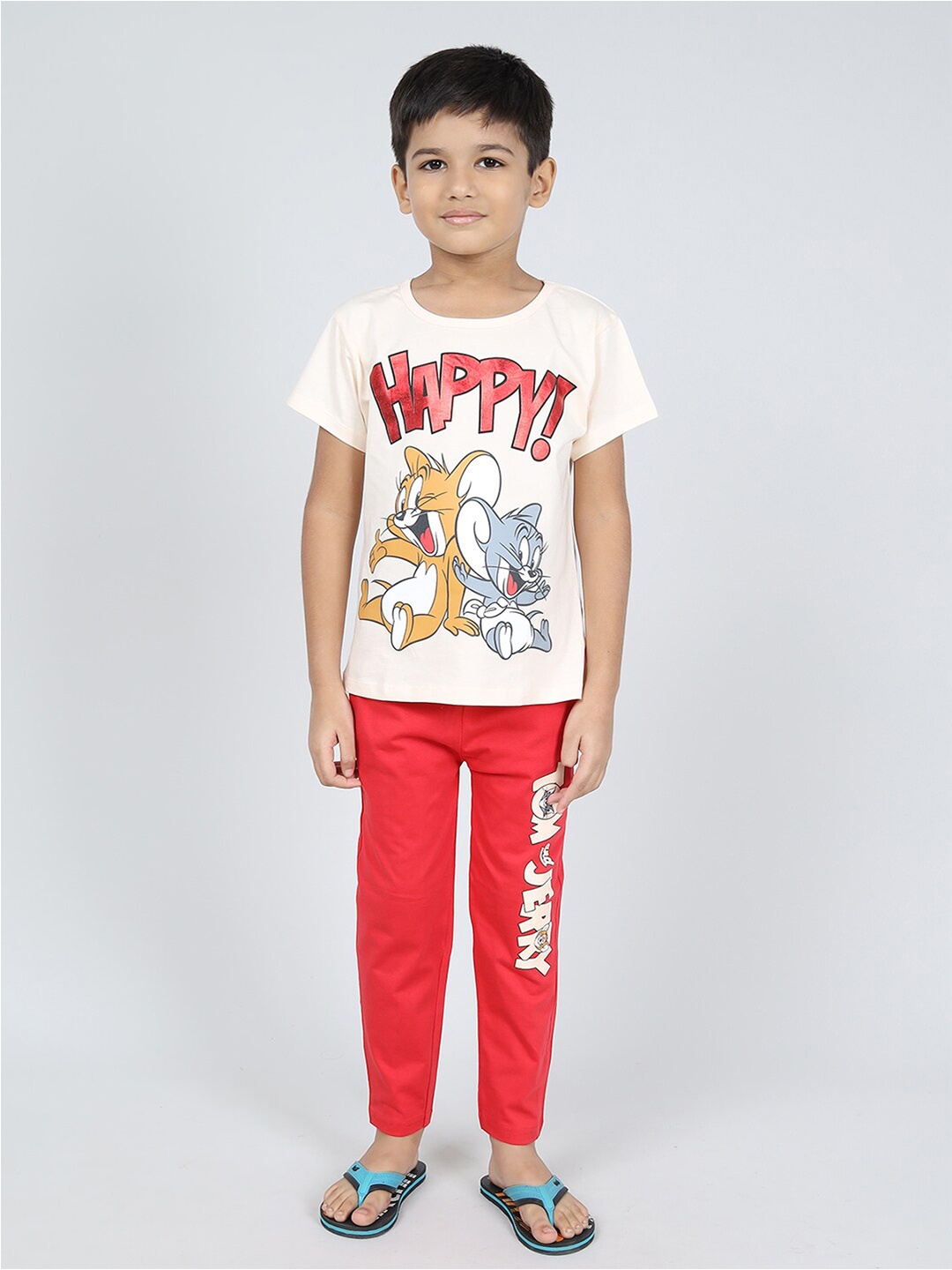 

DENIKID Boys Tom & Jerry Printed Round Neck T-shirt with Pyjamas, Cream