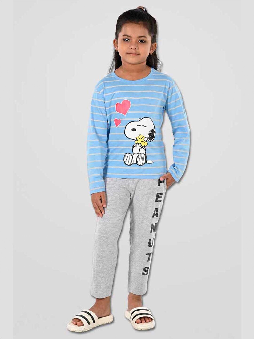 

DENIKID Girls Snoopy Printed Round Neck T-shirt with Pyjamas, Blue
