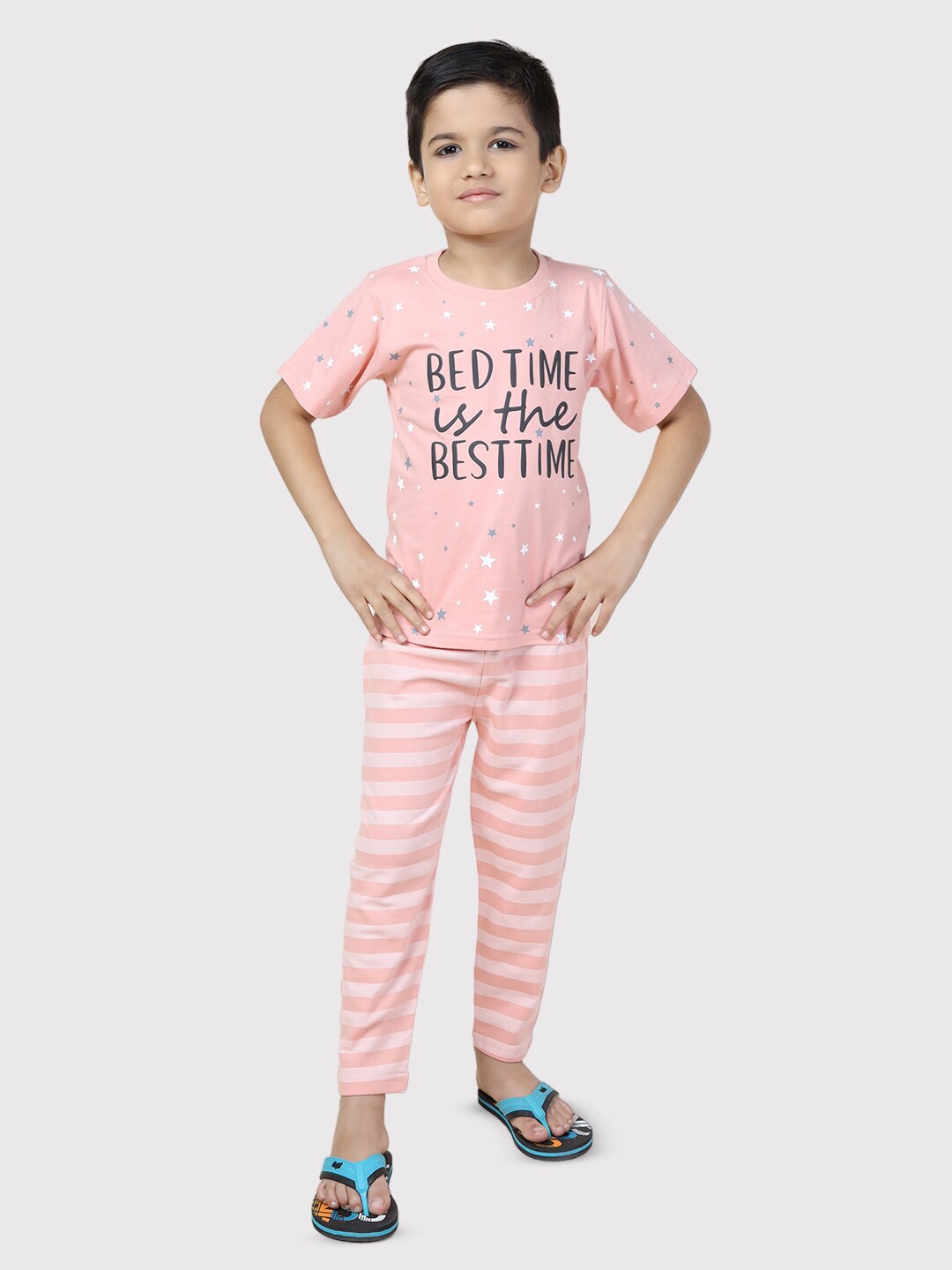

DENIKID Boys Typography Printed Pure Cotton T-shirt with Pyjamas, Pink