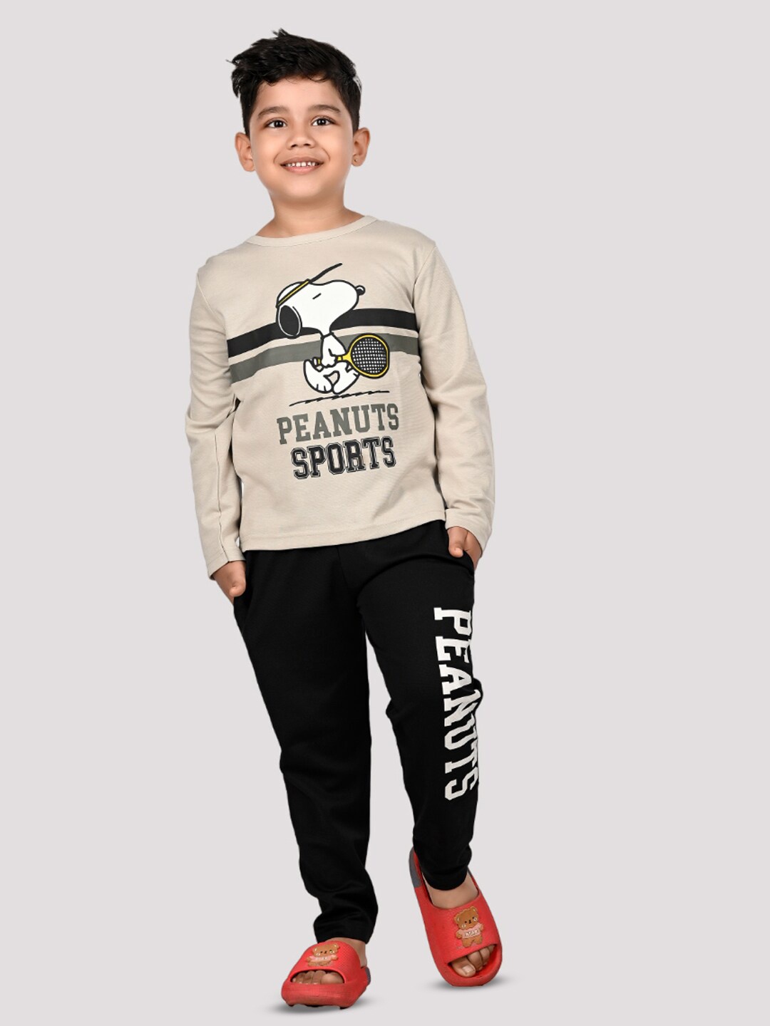 

DENIKID Boys Peanuts Printed Pure Cotton T-shirt with Pyjamas, Beige