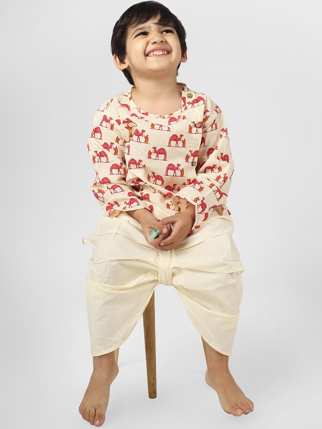 

Polka Tots Boys Animal Printed Cotton Regular Kurta with Dhoti Pants, Cream