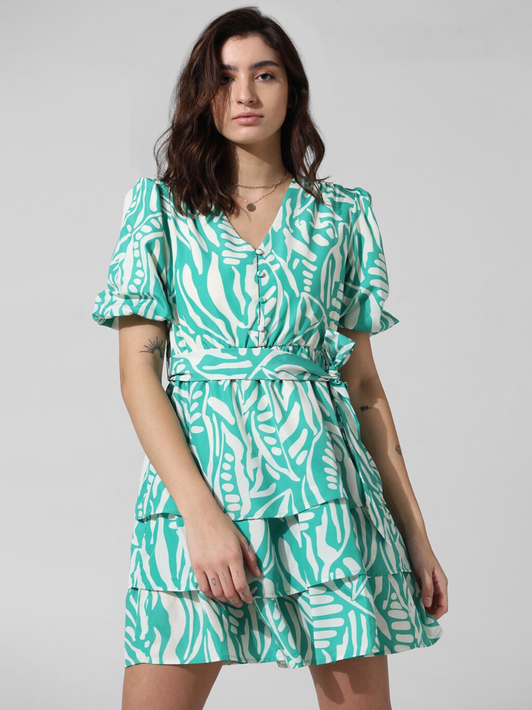 

ONLY Printed Puff Sleeve Layered Fit & Flare Dress, Green