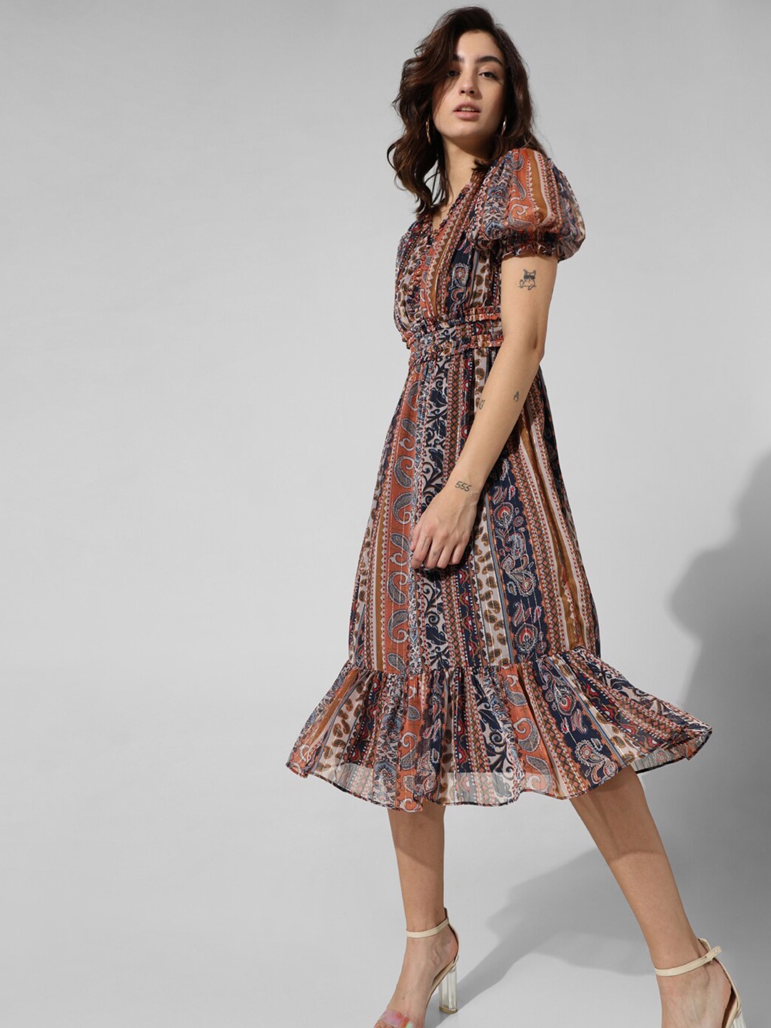 

ONLY Ethnic Motifs Print V-Neck Chiffon Fit & Flare Midi Dress, Maroon