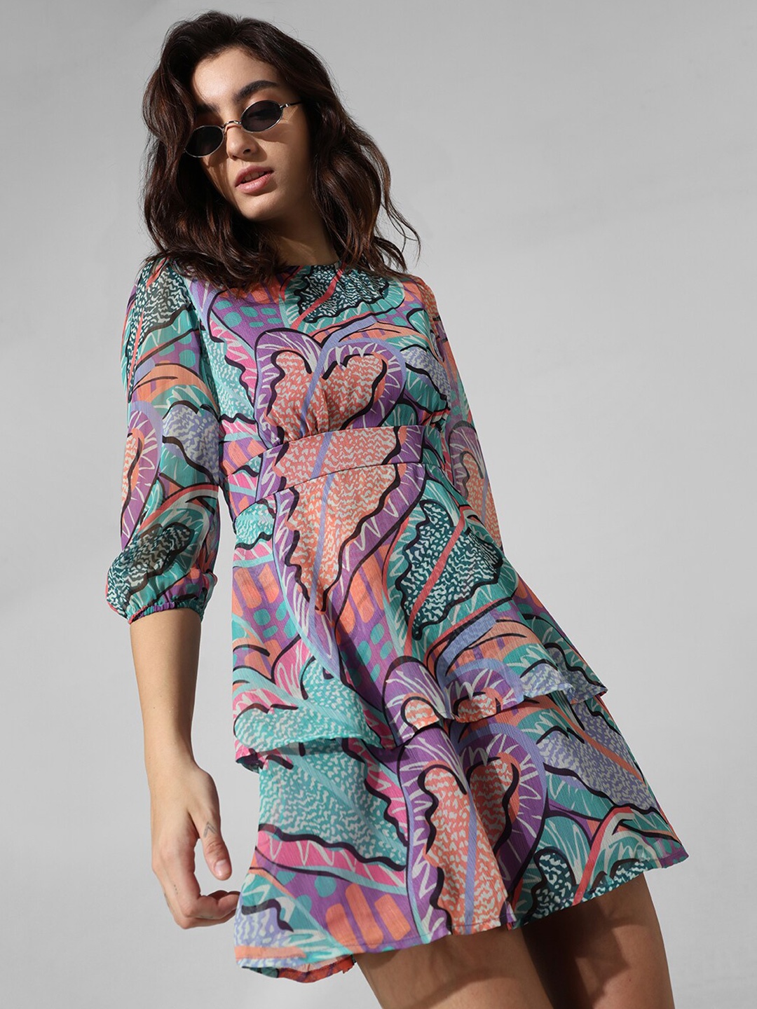 

ONLY Abstract Print Layered Chiffon A-Line Dress, Blue