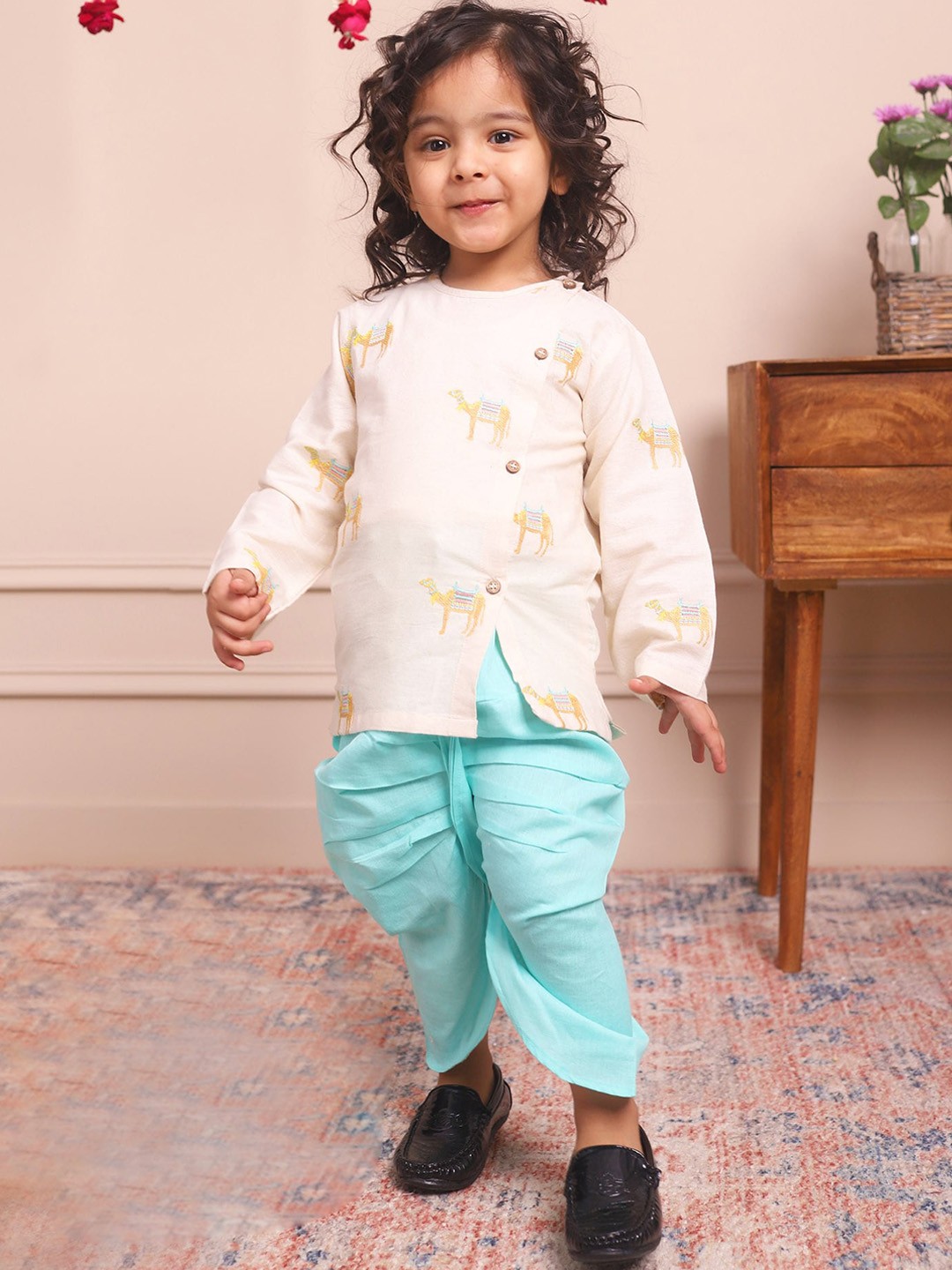 

Polka Tots Kids Round Neck Long Sleeves Animal Printed Regular Kurta with Dhoti Pants, Cream