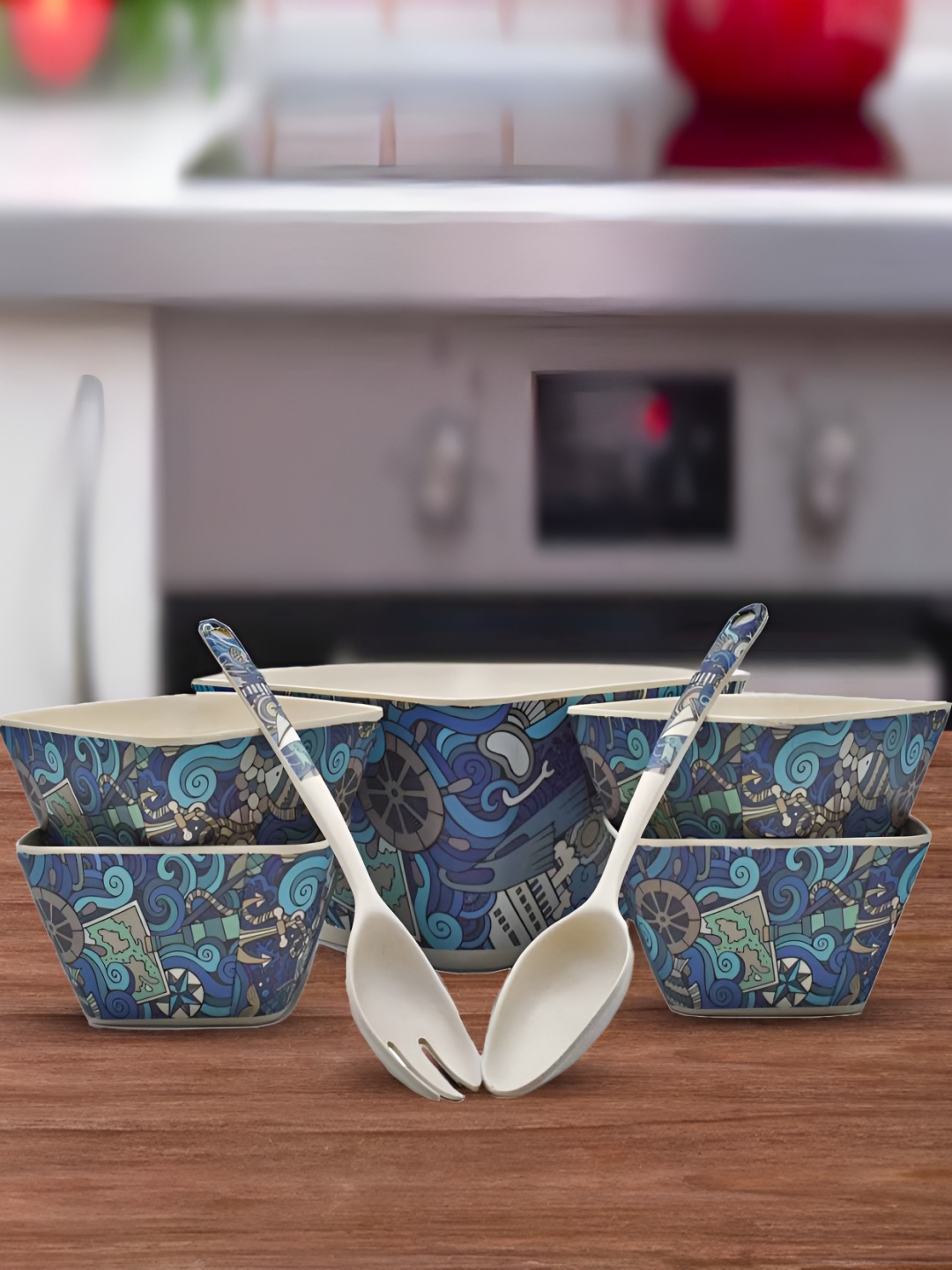 

Kookee Blue & White 7 Pieces Printed Bamboo Matte Bowls Spoons