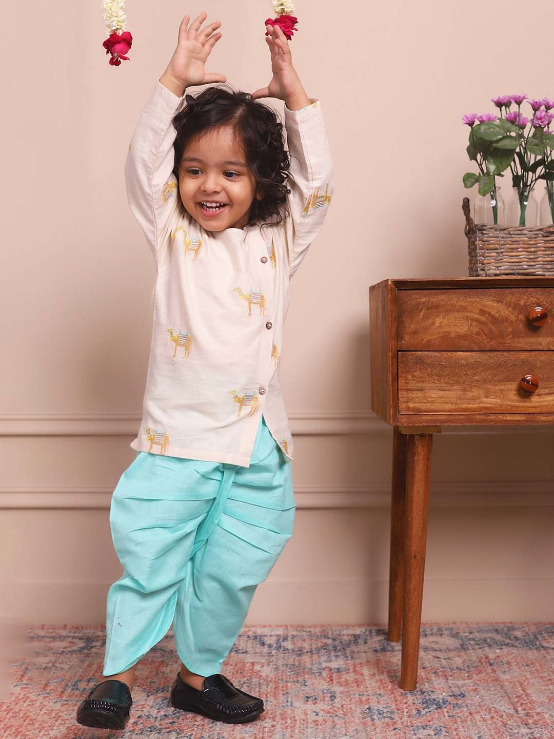 

Polka Tots Boys Animal Printed Cotton Regular Kurta with Dhoti Pants, Cream