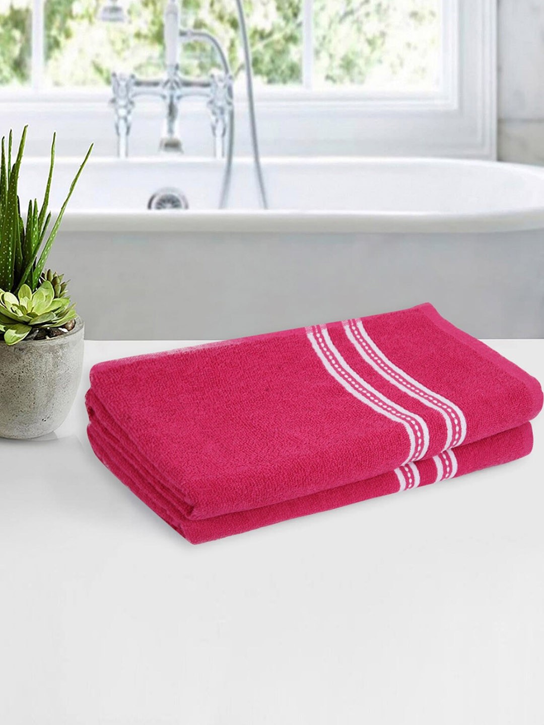 

Aura Pink & White 2 Pieces Thread Work Striped Cotton 500 GSM Bath Towels