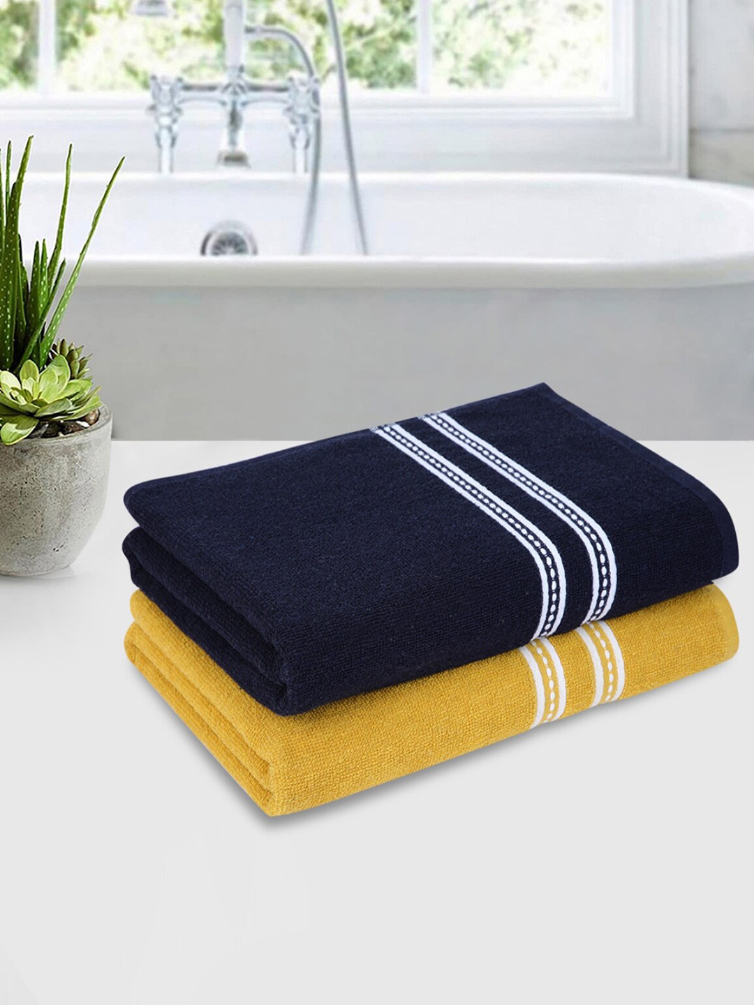 

Aura Yellow & Blue 2 Pieces Thread Work Striped Cotton 500 GSM Bath Towels