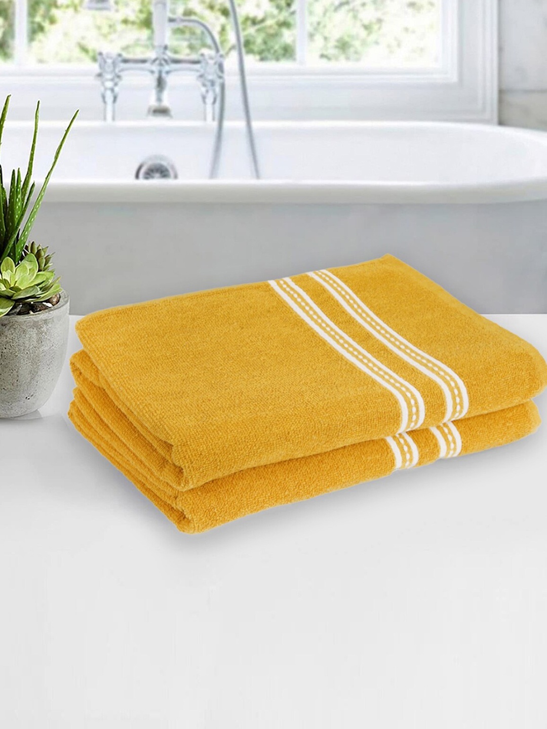 

Aura Mustard 2 Pieces Striped Quickly Absorbent Super Soft Cotton 500 GSM Bath Towels