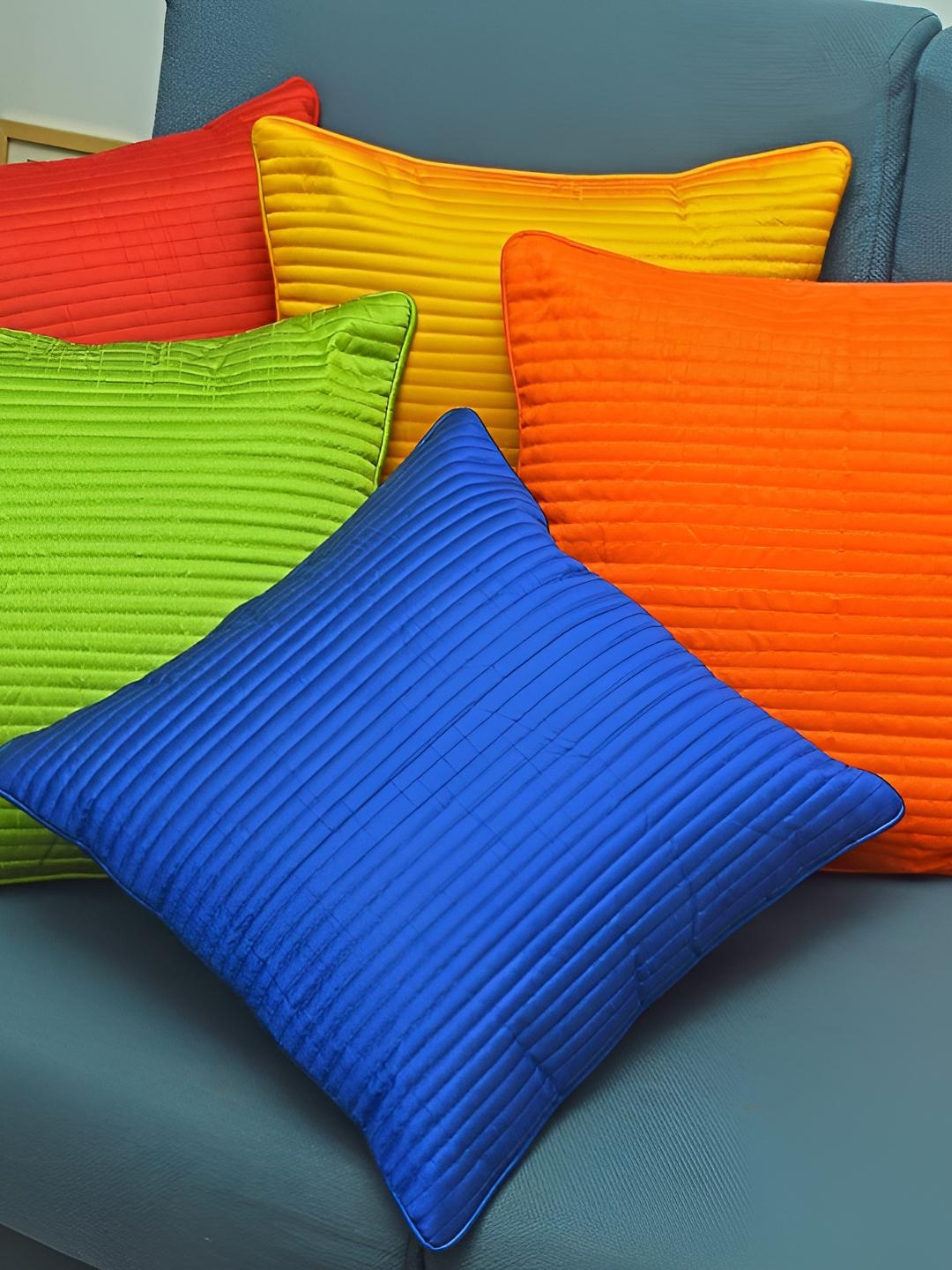 

CASA-NEST Red & Yellow 5 Pieces Striped Printed Silk Square Cushion Covers