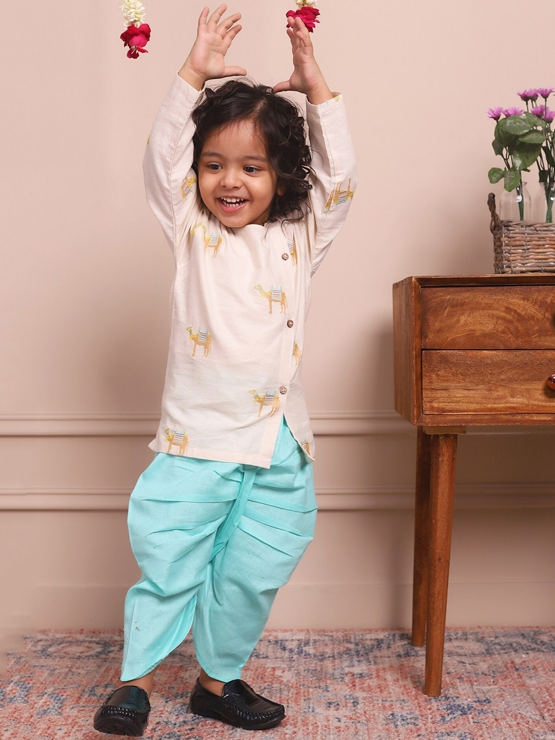 

Polka Tots Boys Animal Printed Cotton Regular Kurta with Dhoti Pants, Cream