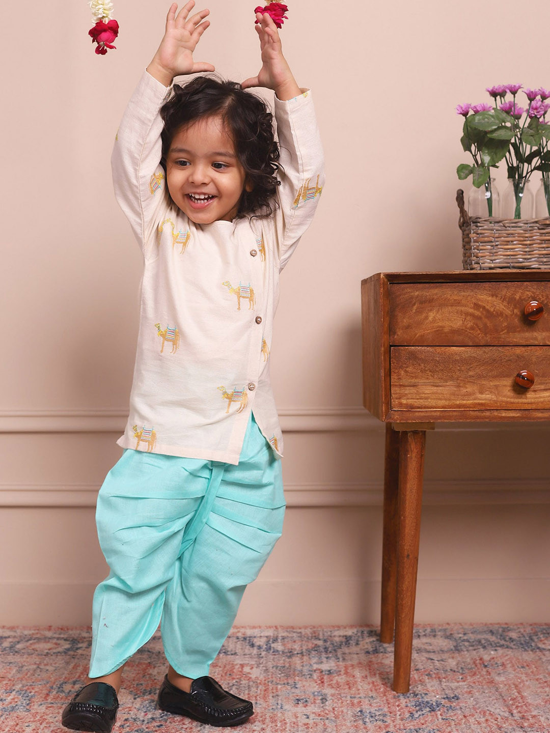 

Polka Tots Kids Animal Printed Regular Kurta with Dhoti Pants, Cream