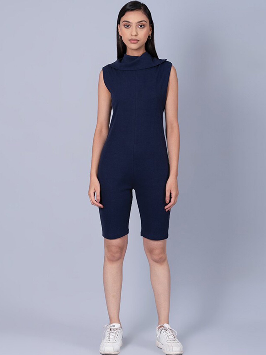 

Muvazo Shirt Collar Sleeveless Playsuit, Navy blue
