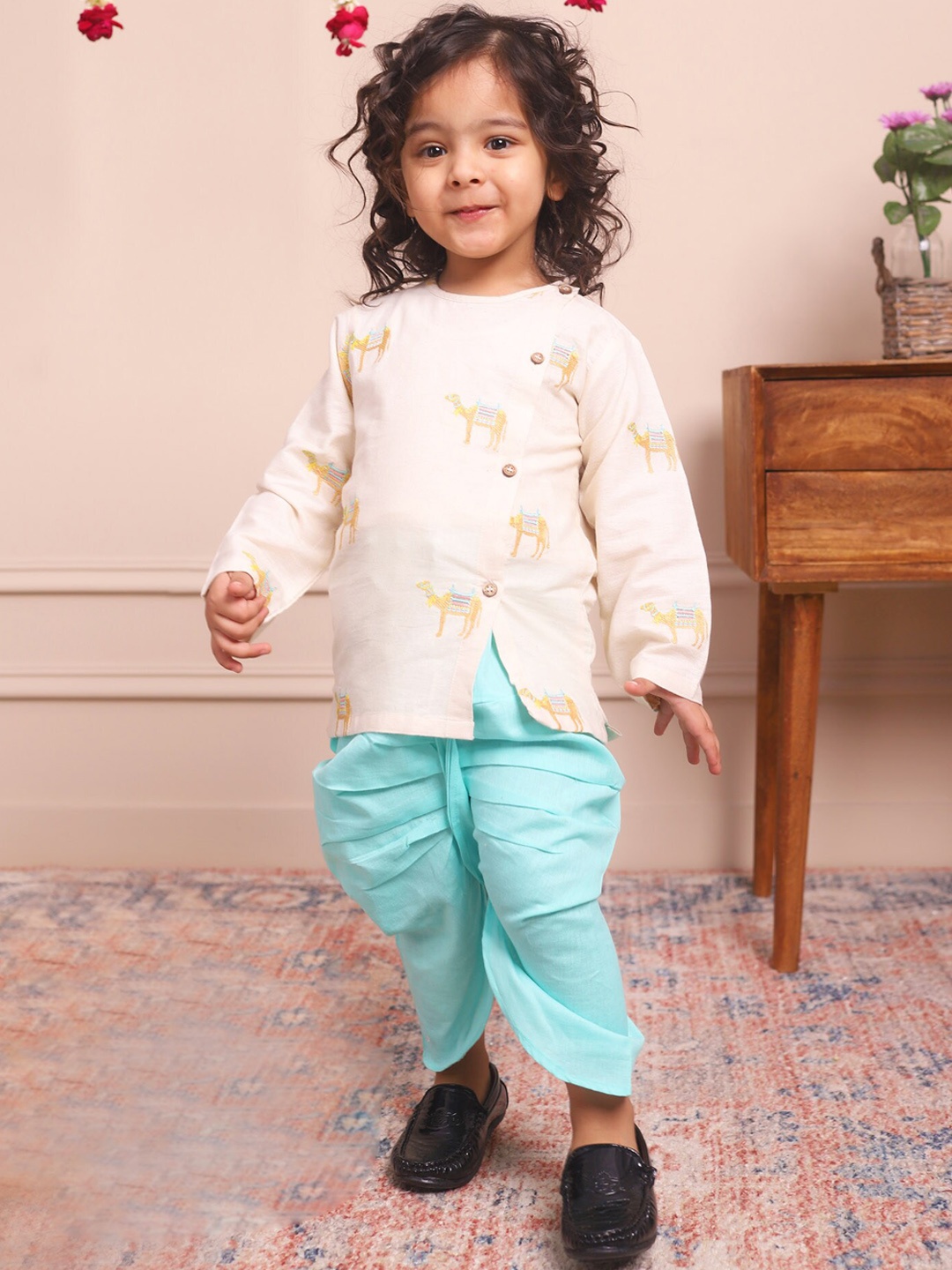 

Polka Tots Boys Round Neck Long Sleeves Animal Printed Straight Kurta with Dhoti Pants, Cream