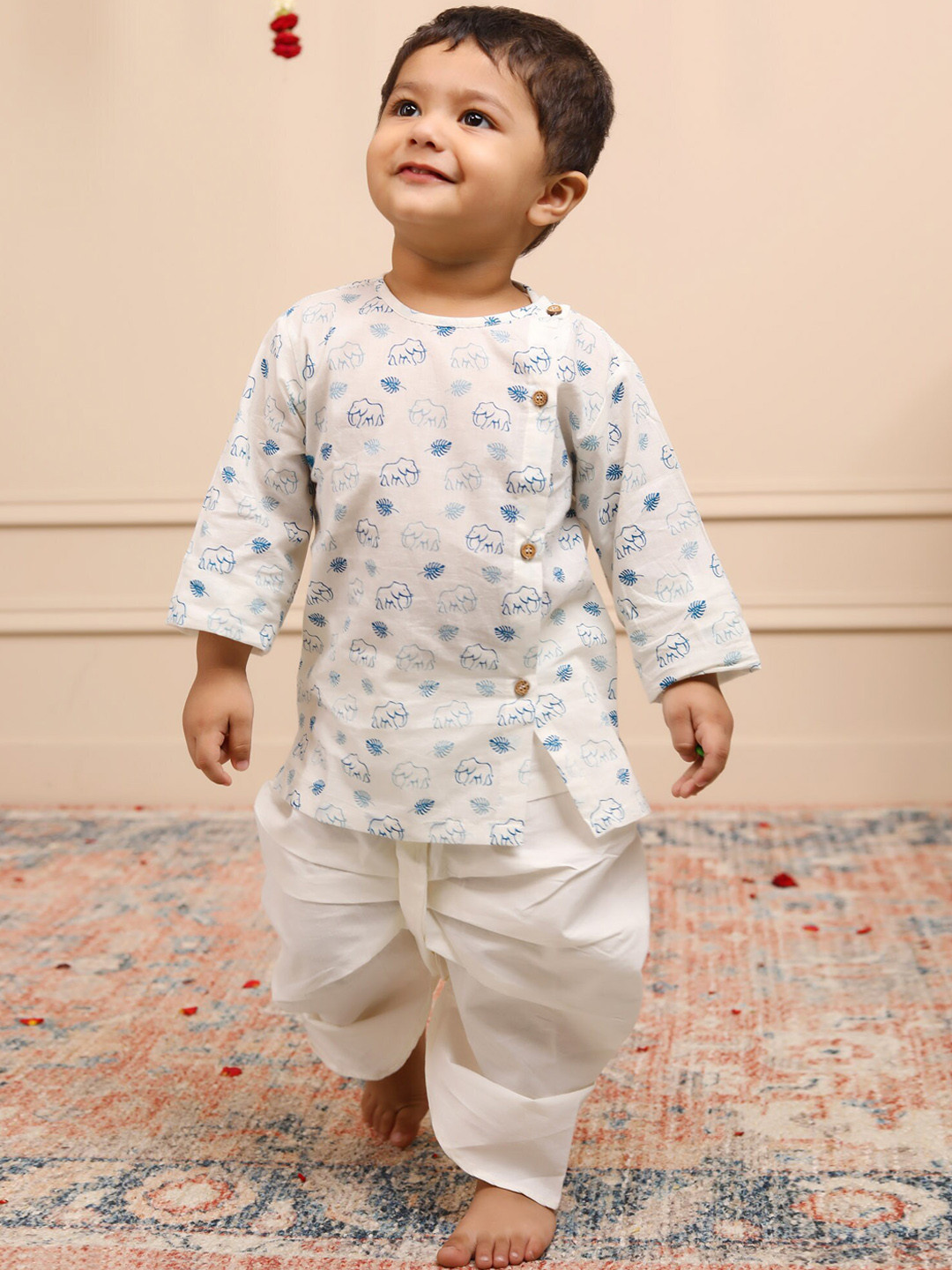 

Polka Tots Boys Quirky Printed Round Neck Cotton Angrakha Kurta With Dhoti Pant, Cream