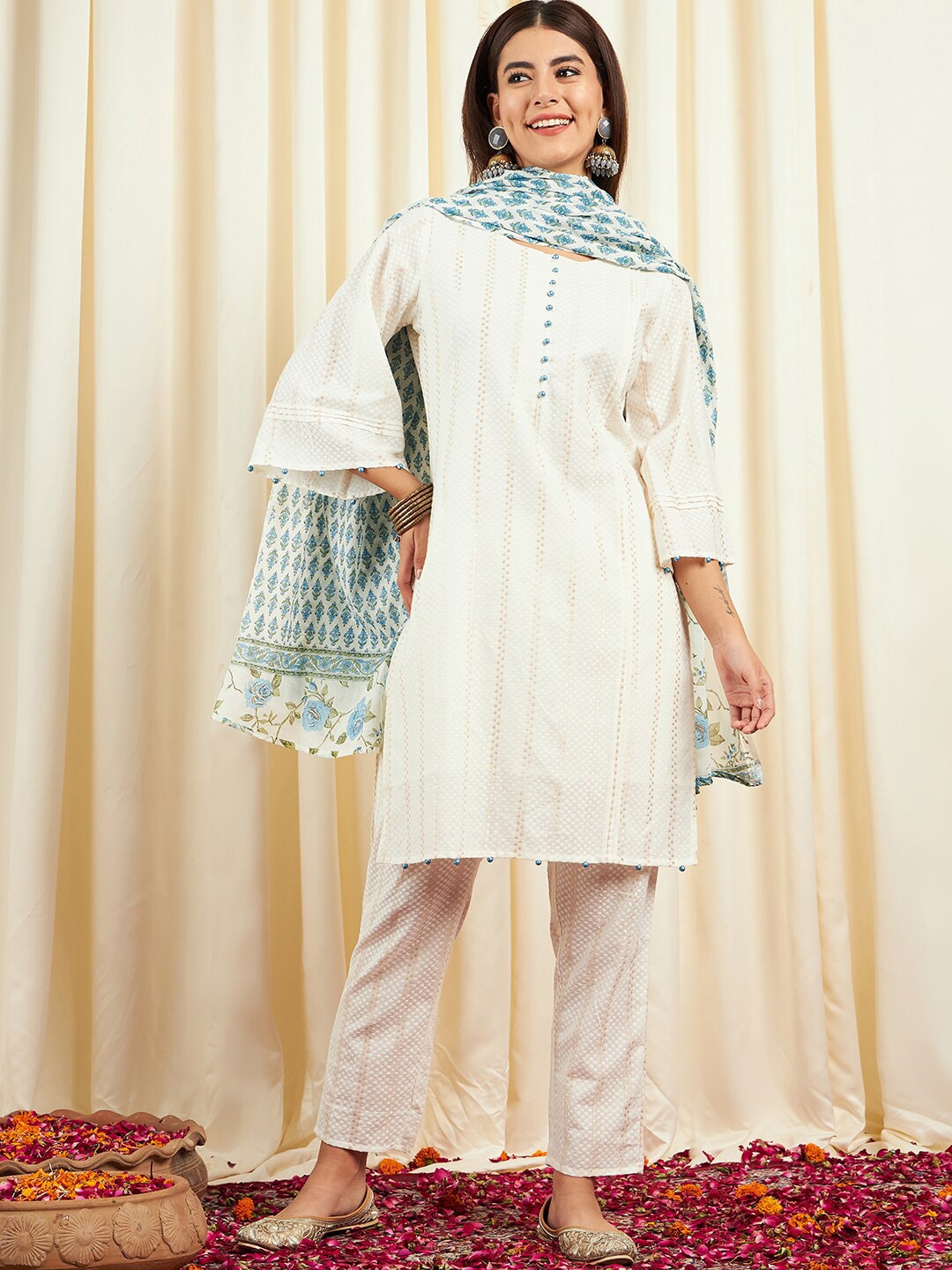 

Ishin Self Design Round Neck Beads and Stones Kurta with Trousers & Dupatta, Off white