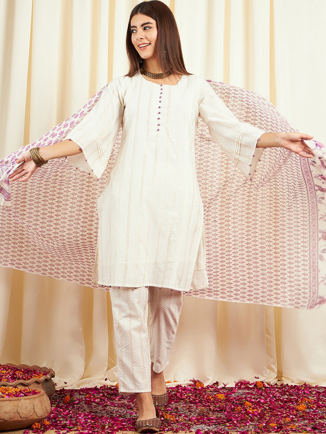 

Ishin Floral Woven Design Bell Sleeves Kurta With Trouser & Dupatta, Off white