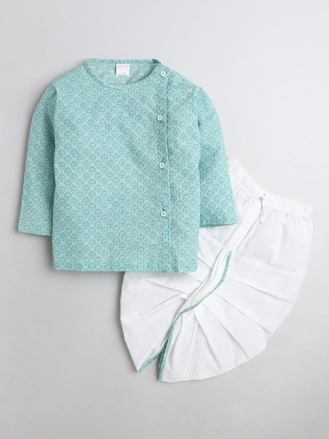 

Polka Tots Boys Ethnic Motifs Printed Cotton Regular Kurta with Dhoti Pants, Green