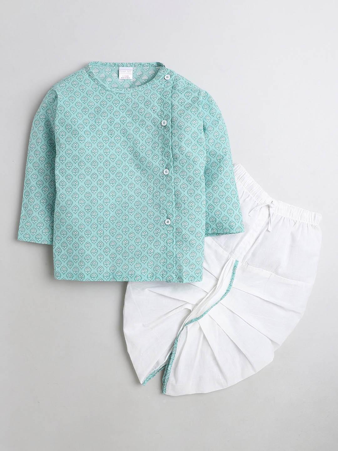 

Polka Tots Boys Ethnic Motifs Printed Round Neck Cotton Angrakha Kurta With Dhoti Pant, Green