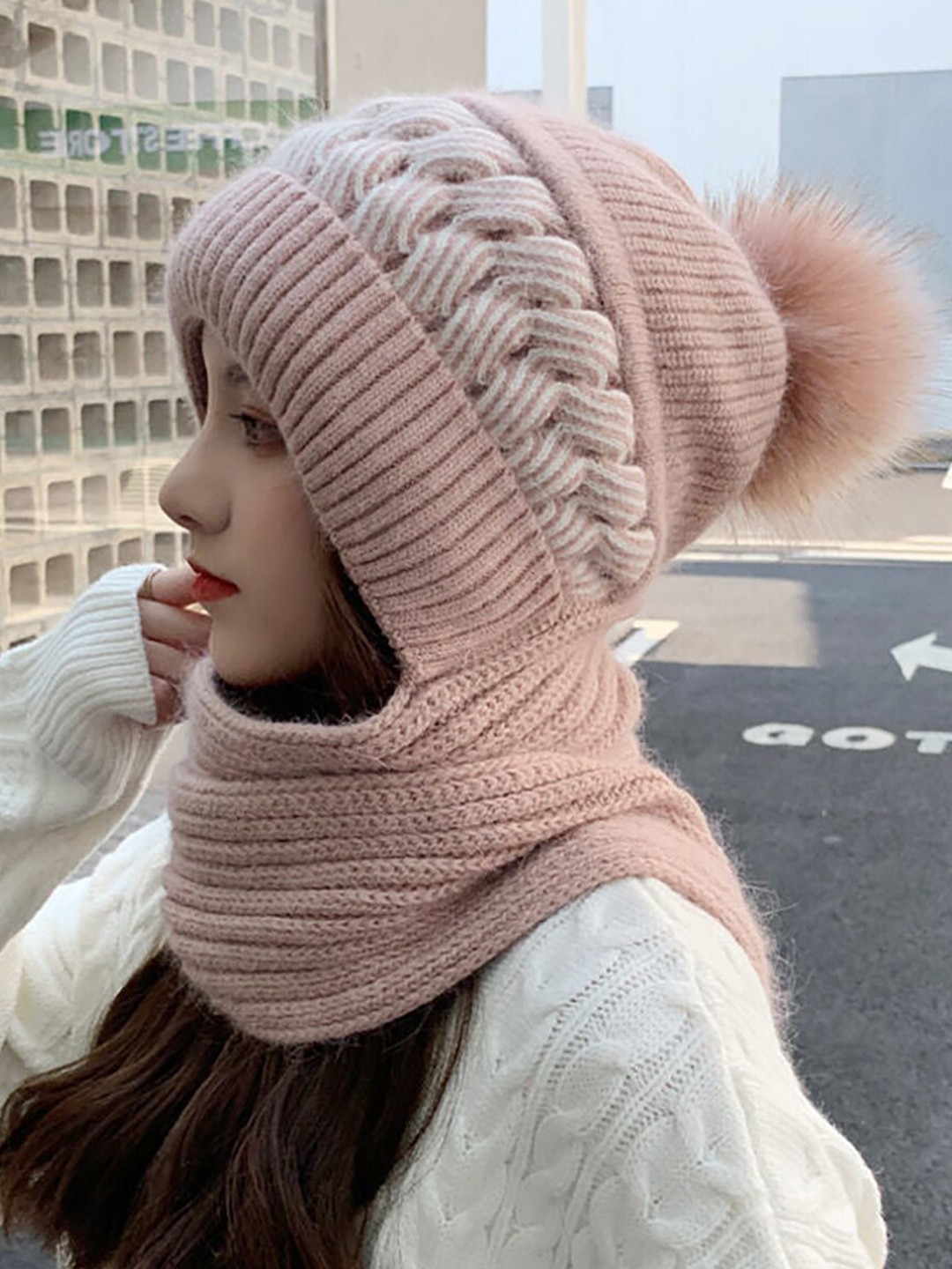 

SYGA Women Woollen Beanie with Scarf, Pink