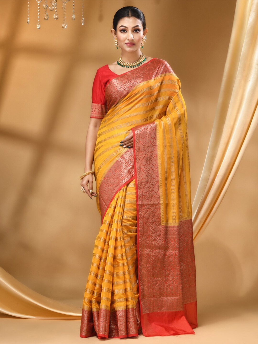 

HOUSE OF BEGUM Ethnic Motif Woven Design Zari Banarasi Saree, Mustard