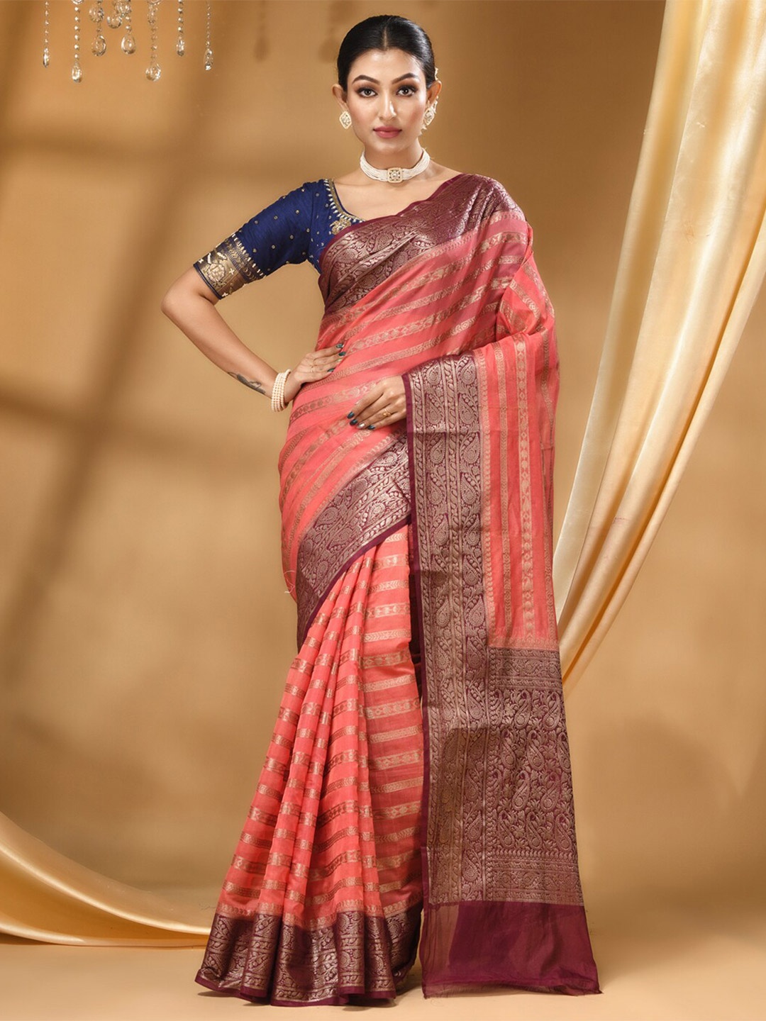 

HOUSE OF BEGUM Ethnic Woven Design Zari Banarasi Saree, Peach