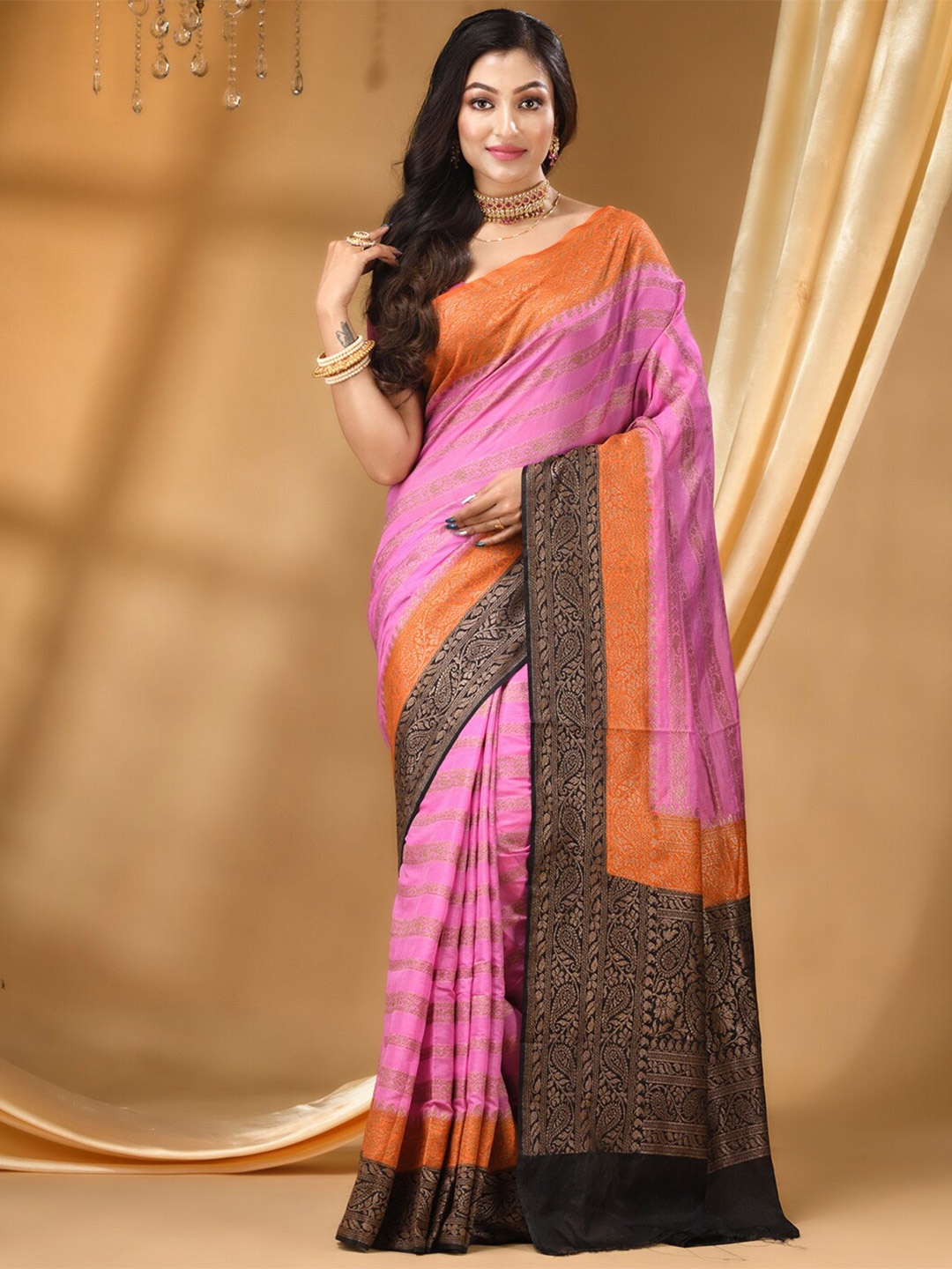 

HOUSE OF BEGUM Ethnic Motif Woven Design Zari Banarasi Saree, Pink