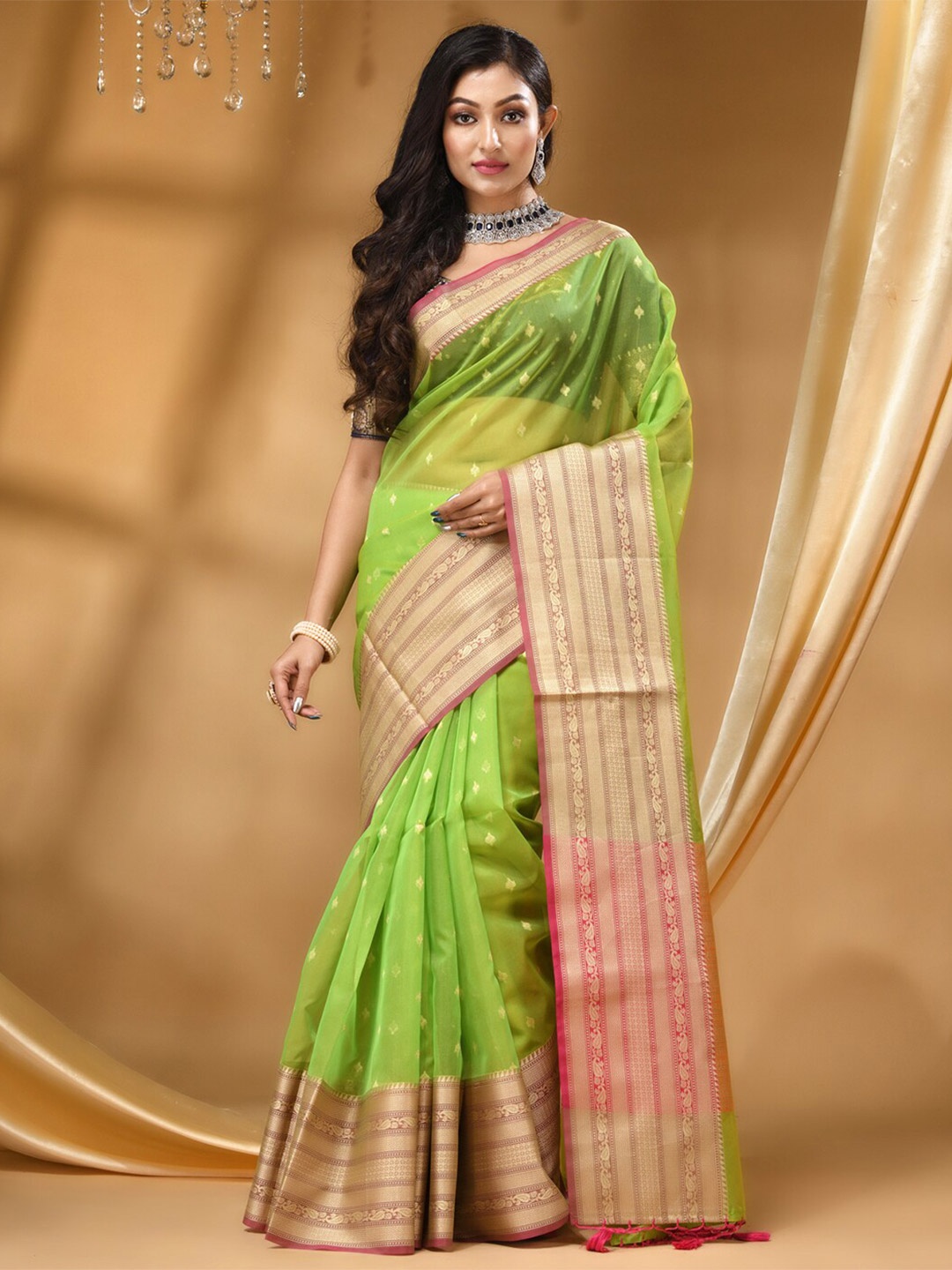 

HOUSE OF BEGUM Ethnic Motifs Woven Design Zari Banarasi Saree, Green