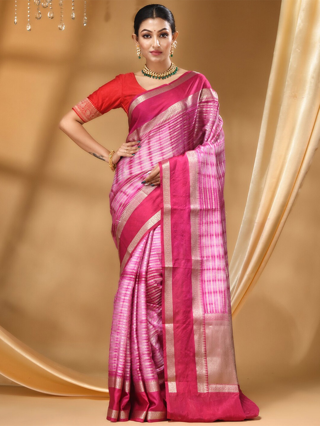 

HOUSE OF BEGUM Striped Zari Detailed Banarasi Saree, Pink