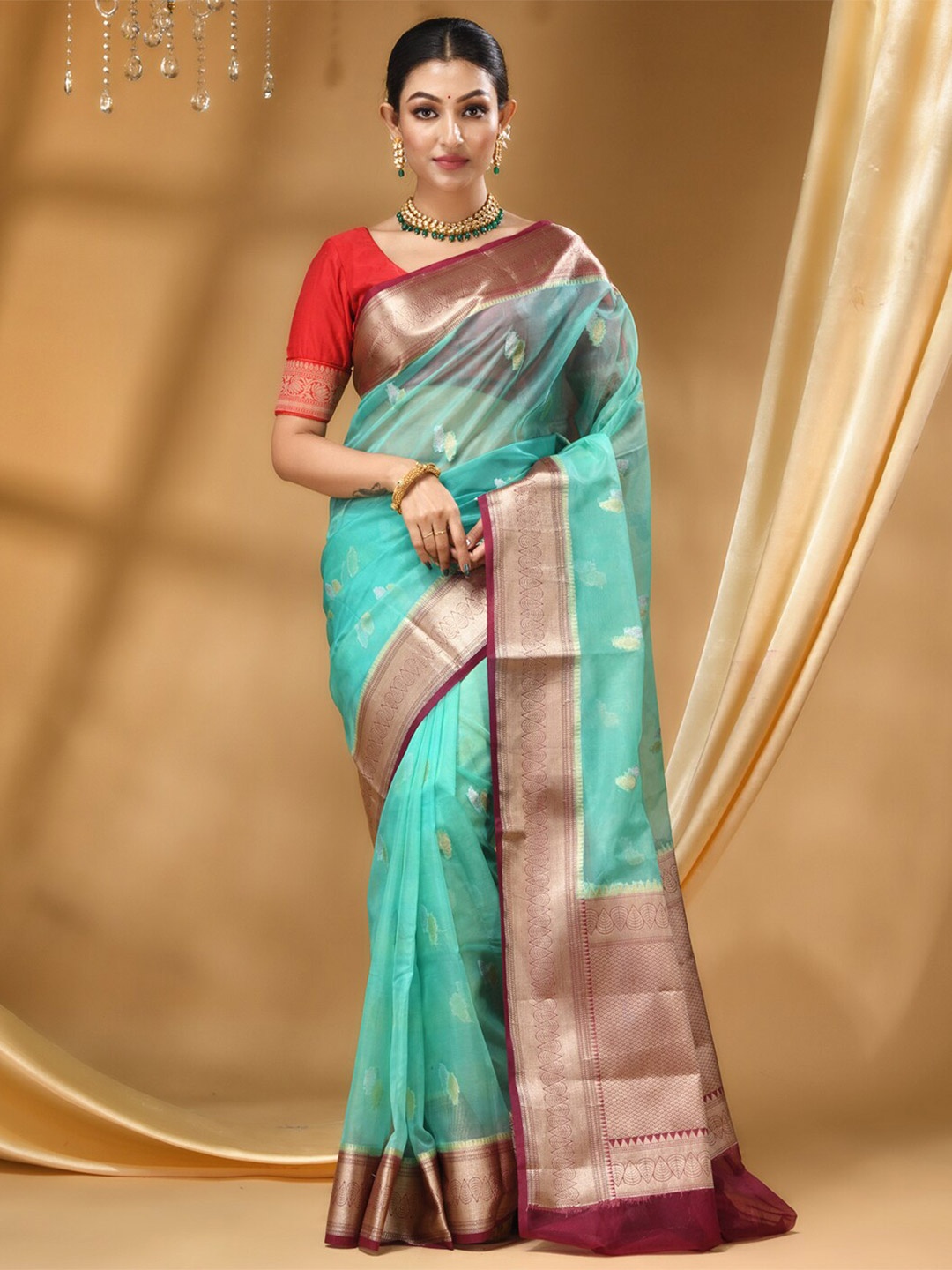 

HOUSE OF BEGUM Ethnic Motifs Woven Design Zari Banarasi Saree, Sea green