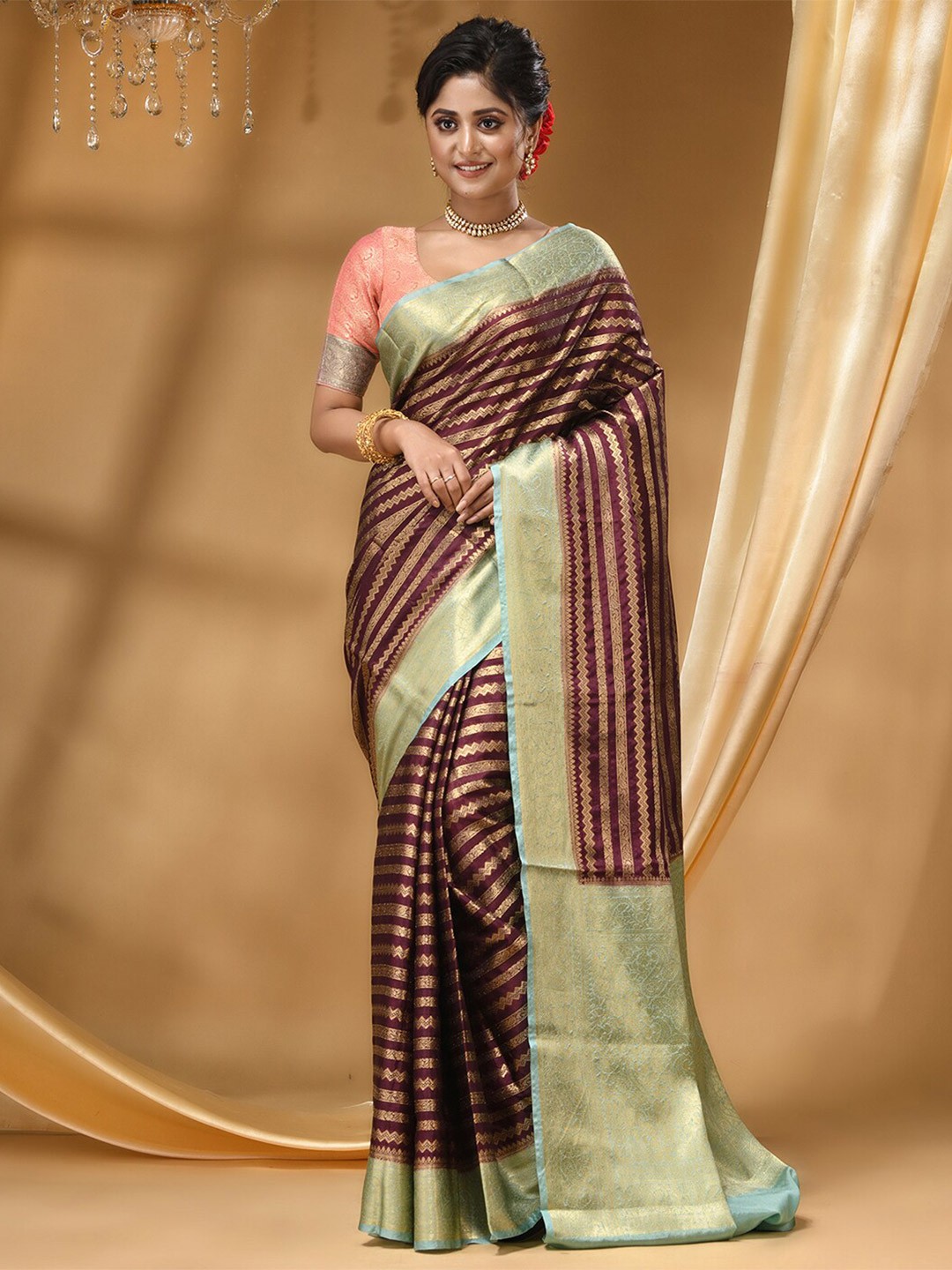 

HOUSE OF BEGUM Ethnic Motifs Woven Design Zari Banarasi Saree, Coffee brown