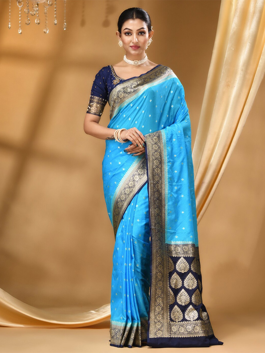 

HOUSE OF BEGUM Ethnic Motifs Woven Design Zari Banarasi Saree, Blue