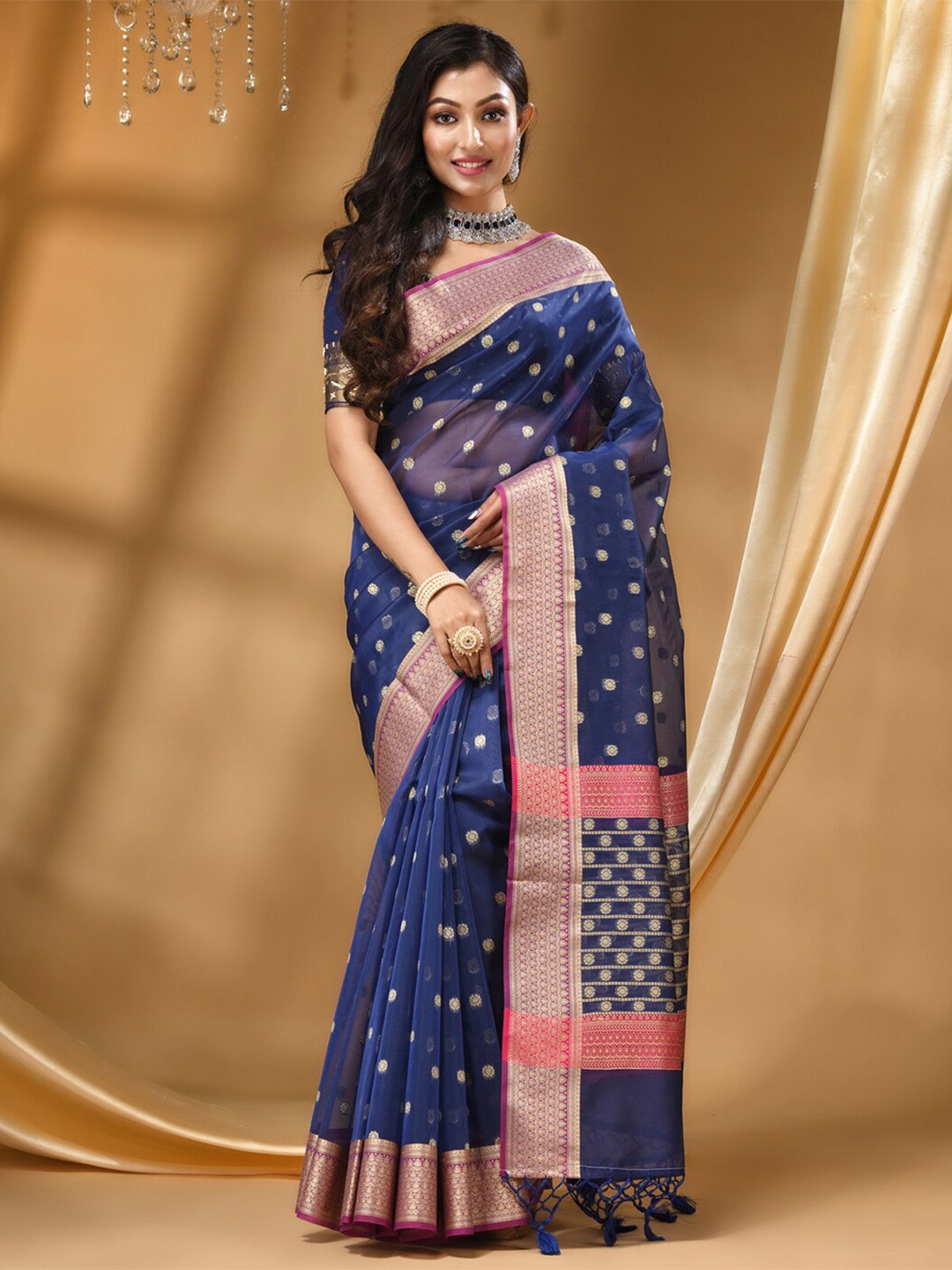 

HOUSE OF BEGUM Ethnic Motifs Woven Design Zari Banarasi Saree, Navy blue